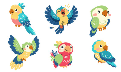 Set of vector illustrations in children's style. Cute cartoon parrots in different poses . Vector illustration