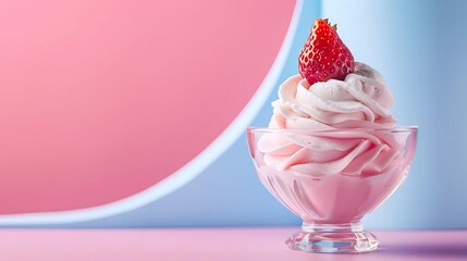 Delicious strawberry ice cream dessert with a fresh strawberry on the top isolated on pink and blue background