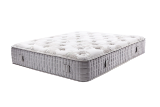 Luxurious Blue And White Mattress With Diamond Pattern Quilting For Deep Sleep on a White or Clear Surface PNG Transparent Background.