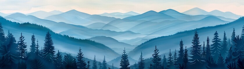A misty mountain landscape with a blue hue and a forest in the foreground.