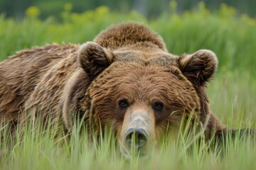 Fototapeta premium A large Grizzly Bear gets too close for comfort as it feeds off of the sedge grasses ion the meadow.
