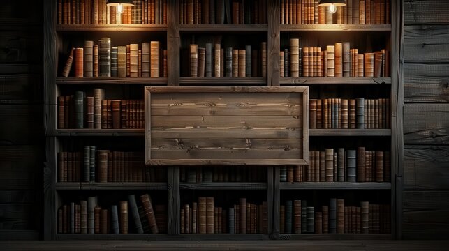 Enchanted library with a wooden billboard for a Halloween book reading, Halloween theme wooden billboard, magical literature