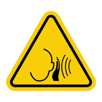 High noise areas. Hearing protection sign. Wear headphones or earplugs. Take precautions to protect your hearing. Noise protection sign. Warning yellow triangular road sign.
