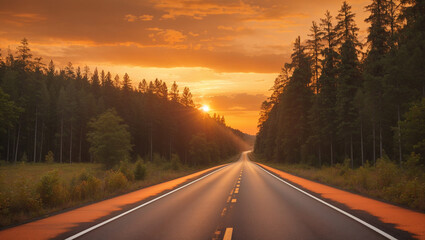 A long, straight road through a forest at sunset with the sun shining brightly. The road is paved and there are trees lining each side.

