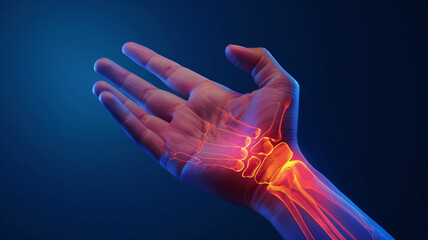wrist with pain in the medical color blue background