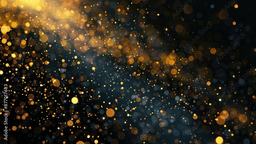 Poster dynamic and mesmerizing golden particle waves on a dark background, evoking a sense of elegance and 