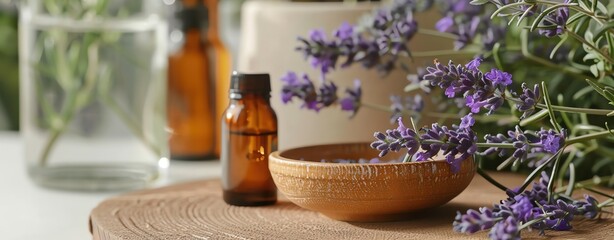 Fototapeta premium Soothing aromatherapy scene with essential oils and lavender sprigs