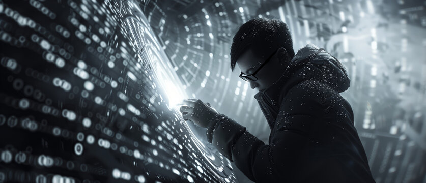 Asian programmer or hacker working with big data codes