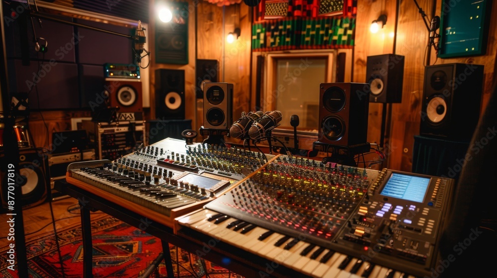 Aufkleber A mixing console with a digital display and keyboard sits on a table in a well-equipped music studio. Speakers and other equipment are visible in the background.