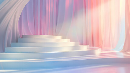 Elegant pastel draped stage with soft lighting and multi-level white steps, perfect for events or ceremonies.
