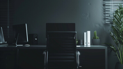 Fototapeta premium Sophisticated 3D workspace: Plush chair, foliage, and tech essentials arranged seamlessly against a striking black wall