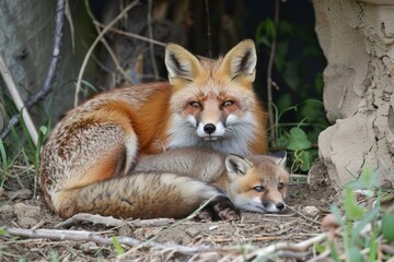 Fototapeta premium A Mother Red Fox and her newly born Kit share an intimate moment just outside of their den