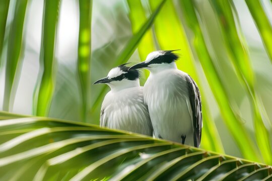 A pair of Common noddy tern's (Anous stolidus) sitting on a palm leaf