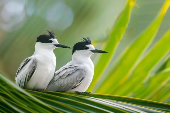 A pair of Common noddy tern's (Anous stolidus) sitting on a palm leaf