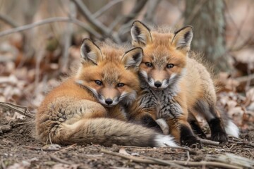 A pair of young Red Fox Kits expend some of their cooped up energy and wrestle with one another just outside of their den