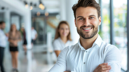 Fototapeta premium A man with a white shirt and a beard is smiling and posing for a picture. He is surrounded by other people, some of whom are also smiling. Scene is happy and friendly