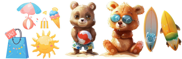 Fun Summer Trio of Cartoon Animals - Bear, Rabbit, and Turtle in Swimwear and Beach Accessories cut out dicut PNG on transparent
