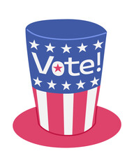 Vote poster with USA hat and white stars on blue backgrounds and red stripes in hat shape. Vote icon, sticker, badge or sign. Voting, presidential campaign concept. American election design element