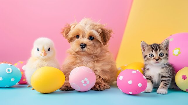 Easter holiday concept with cute handmade eggs dogs chicks and cat isolated on colorful background