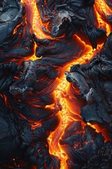 Detailed close-up of molten lava with vibrant orange and black textures, showcasing the raw power and beauty of a volcanic eruption.