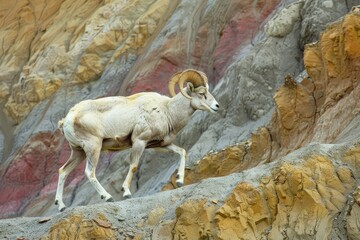 A Ram walks across a ridgeline against a colorful rocky background