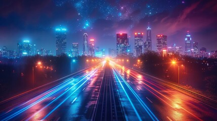 Fototapeta premium Vibrant Night Cityscape with Neon Lights and Highway - Generative AI