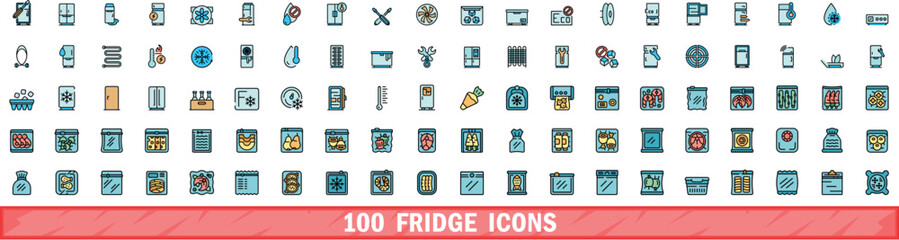 100 fridge icons set. Color line set of fridge vector icons thin line color flat on white