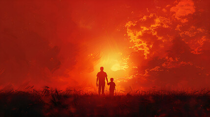 Fototapeta premium a man and child holding hands in a field with a red sky