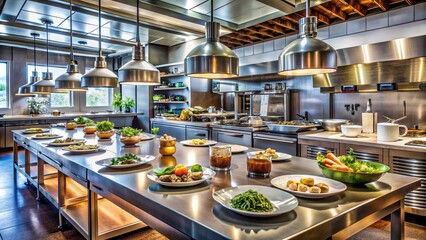 Elegant, serene high-end restaurant kitchen setup featuring meticulously plated dishes surrounded by an artistic array of fresh ingredients.