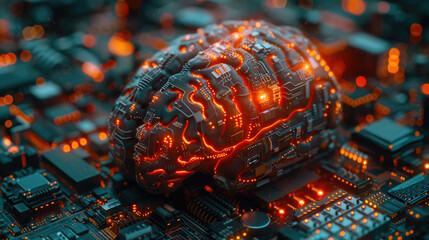 A human brain made out of computer components, artificial intelligence technology, biotechnology, and machine learning concept design highly cinematic color grade, realism