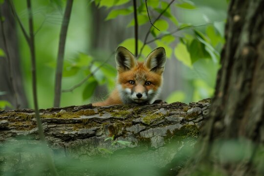 A Red Fox Kit hides from its ornery siblings from behind a dead tree trunk deep in the forest.