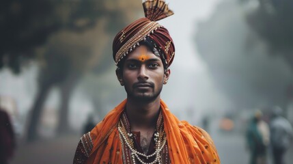 Obraz premium Traditional Indian Groom in Elegant Wedding Attire. Republic Day of India