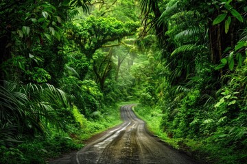 Fototapeta premium Tropical Jungle Landscape with Green Foliage. Rural Road in the Heart of Nature