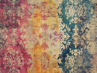 Distressed vintage damask pattern with a mix of vibrant colors, creating an artistic and eclectic design perfect for decor and design projects