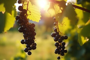 Sunlit Vineyard with Ripe Grapes Cluster