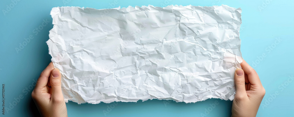 Poster a person is holding a piece of paper with a blank space on it. the paper is torn and crumpled, givin