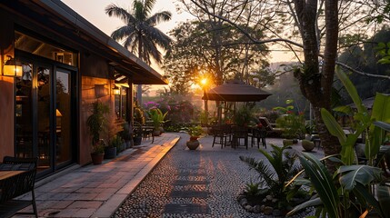 Obraz premium Exterior gallery in rural hotel at sunset