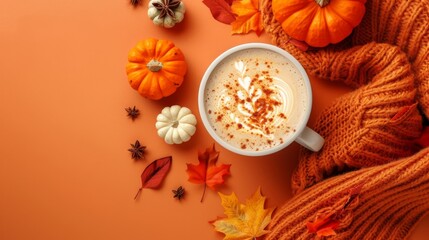 Autumn Pumpkin Latte Comfort with Cozy Sweater and Fall Leaves