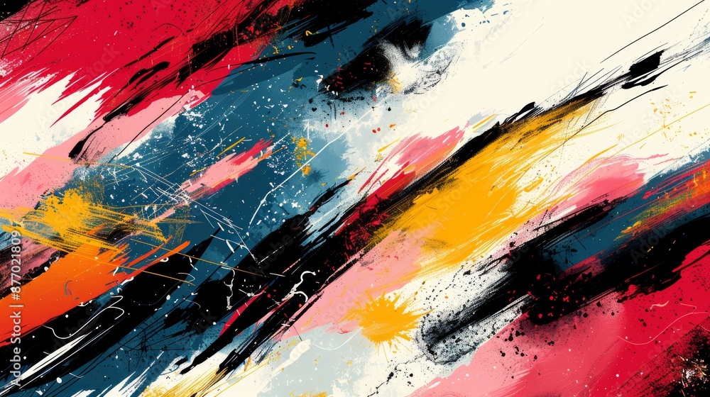 Poster dynamic brush strokes in a chaotic yet harmonious arrangement, using bold and contrasting colors. ca