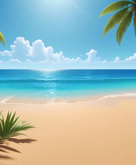 Fototapeta premium Tropical beach with blue ocean and palm trees against bright blue sky with white clouds