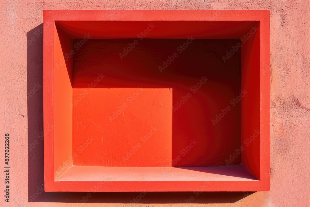 Poster a red shelf on a pink wall with empty space and no objects