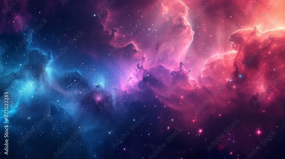 Poster abstract representation of space with galaxies, stars, and nebulas in a stunning array of colors. ca