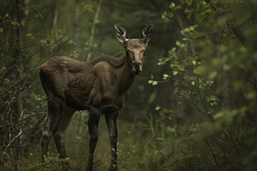 A young moose calf stands tall at the edge of the forest