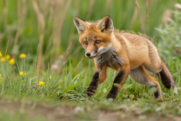 A young Red Fox Kit practices its pouncing techniques fro when it is off on its own and has to hunt for itself.
