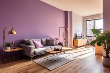 Fototapeta premium Modern Living Room with Purple Wall and Stylish Furniture