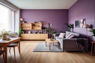 Fototapeta premium Modern Living Room with Purple Wall and Stylish Furniture