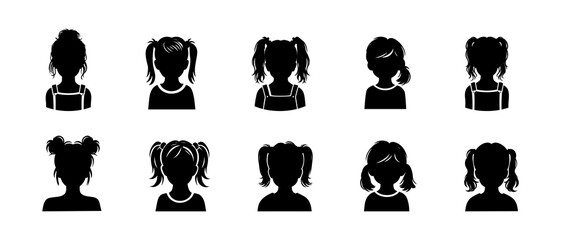 silhouettes of  girls avatars. Profile silhouette of children, front view black filled vector Illustration icon.