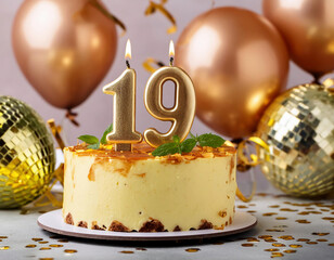 19, nineteen age happy birthday celebration cake adorned with burning candles number 20, golden balloons and party ornaments on table