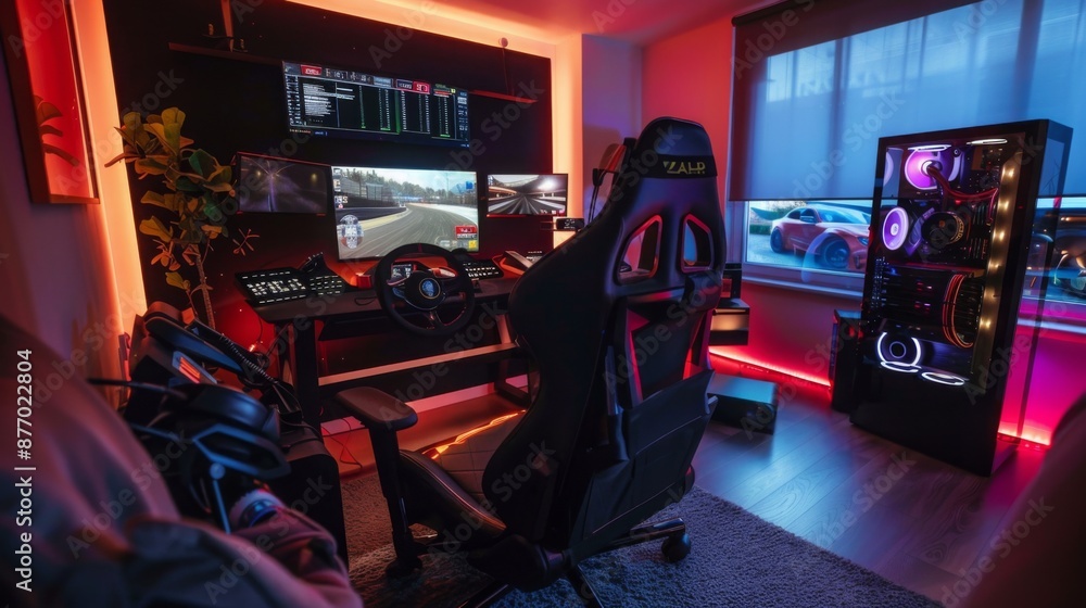 Poster a gaming setup with a racing wheel and rgb lighting, featuring a racing game on the monitor and a cu