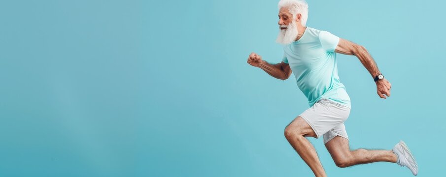 Senior man jumping in a gym with a blue background. Free copy space for banner.